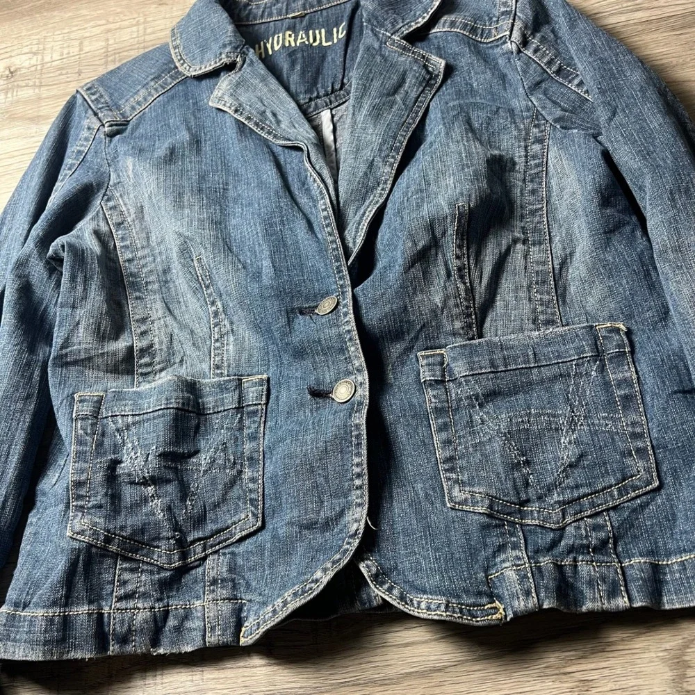 Hydraulic Denim‎ Blazer Women Large Blue Stretch Two Button Jacket Medium Wash
